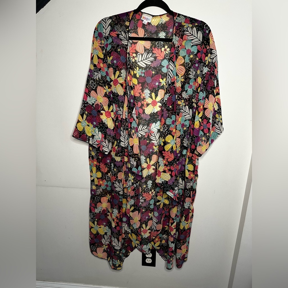Women’s Lularoe Open Front Kimono Multicolored Floral Sheer Cover Up LG